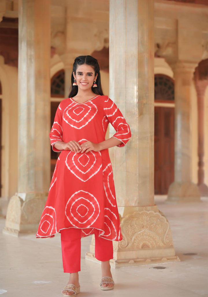 Vamika Shibori Dye 2 Pice Kurti Set in Red Muslin