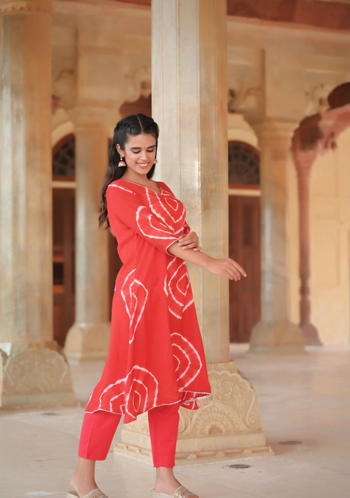 Vamika Shibori Dye 2 Pice Kurti Set in Red Muslin
