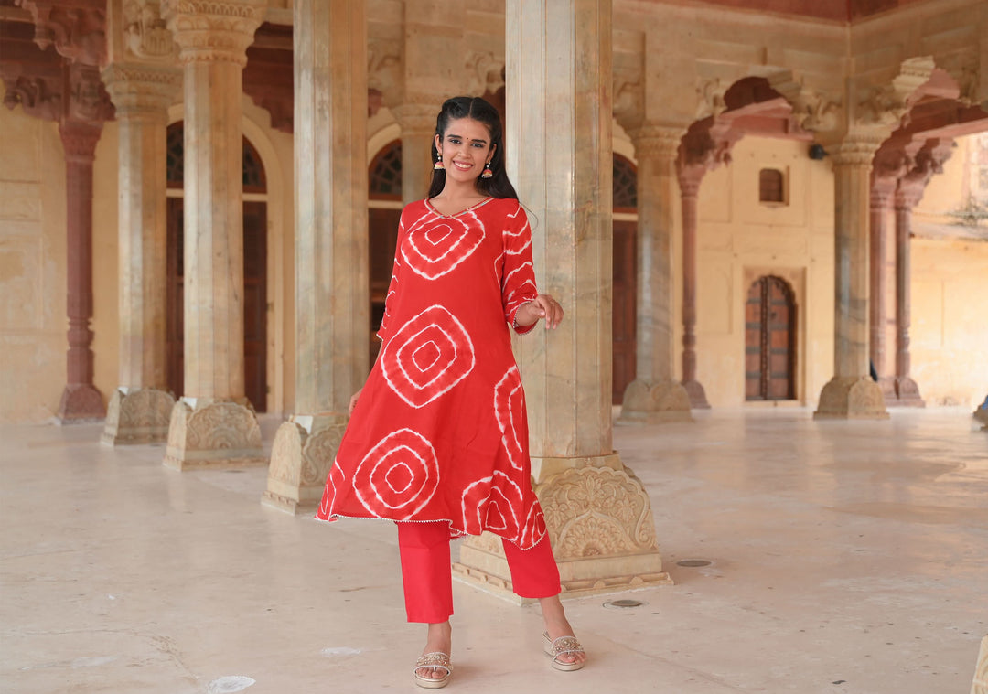 Vamika Shibori Dye 2 Pice Kurti Set in Red Muslin