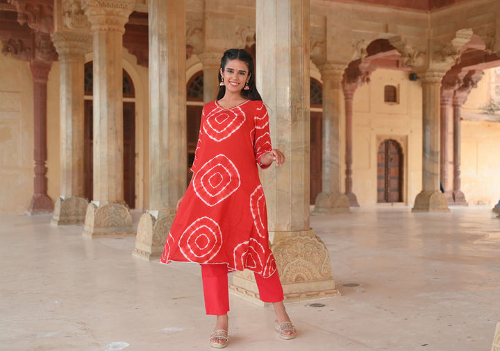 Vamika Shibori Dye 2 Pice Kurti Set in Red Muslin