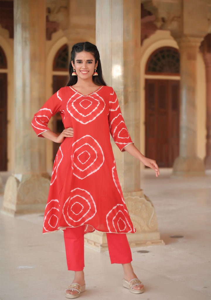 Vamika Shibori Dye 2 Pice Kurti Set in Red Muslin