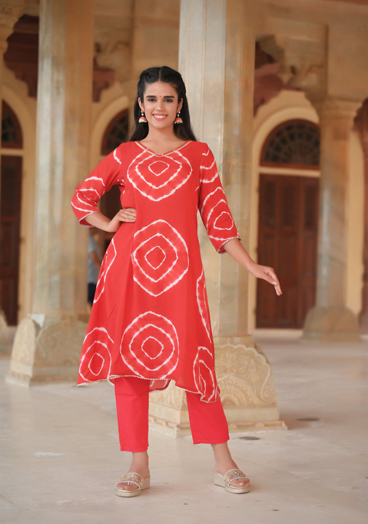 Vamika Shibori Dye 2 Pice Kurti Set in Red Muslin