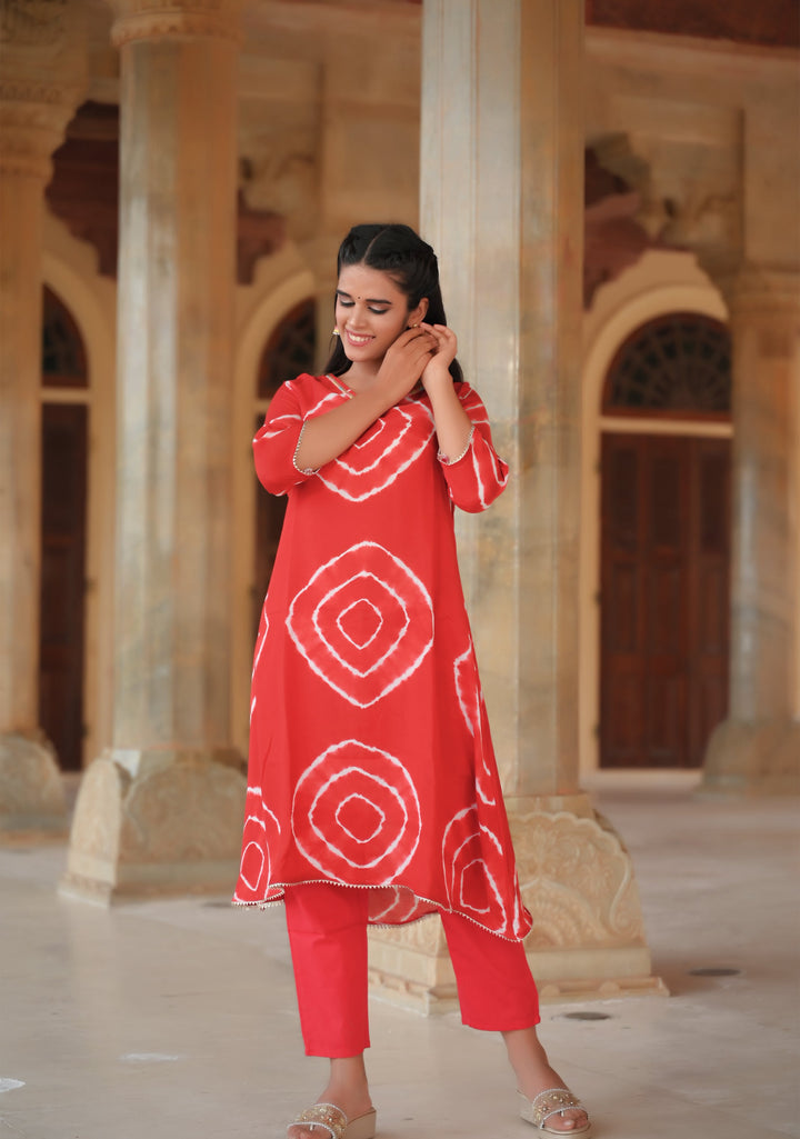 Vamika Shibori Dye 2 Pice Kurti Set in Red Muslin