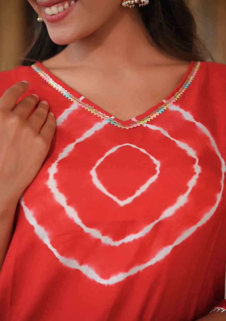Vamika Shibori Dye 2 Pice Kurti Set in Red Muslin