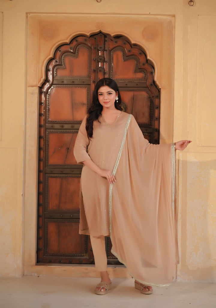 Champagne Chiffon 3 piece Kurti Set with Sequin Handwork and Lace detailing