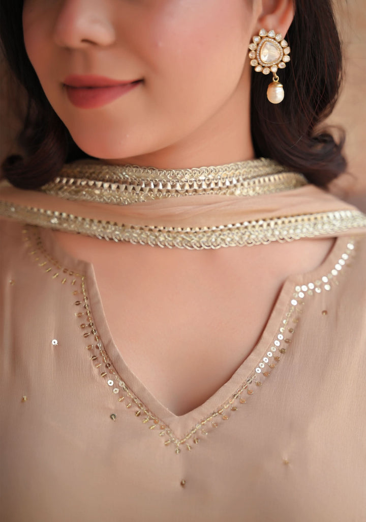 Champagne Chiffon 3 piece Kurti Set with Sequin Handwork and Lace detailing