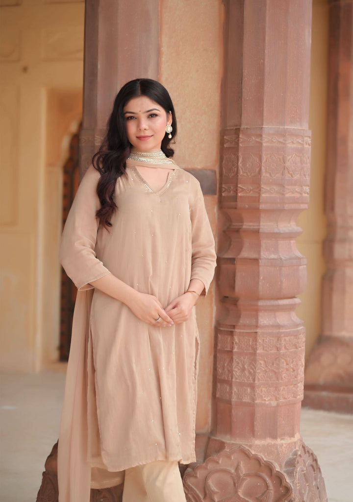 Champagne Chiffon 3 piece Kurti Set with Sequin Handwork and Lace detailing