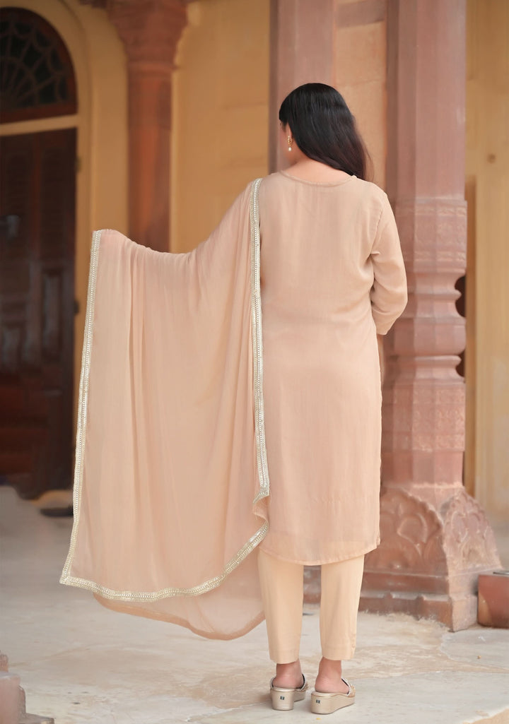Champagne Chiffon 3 piece Kurti Set with Sequin Handwork and Lace detailing