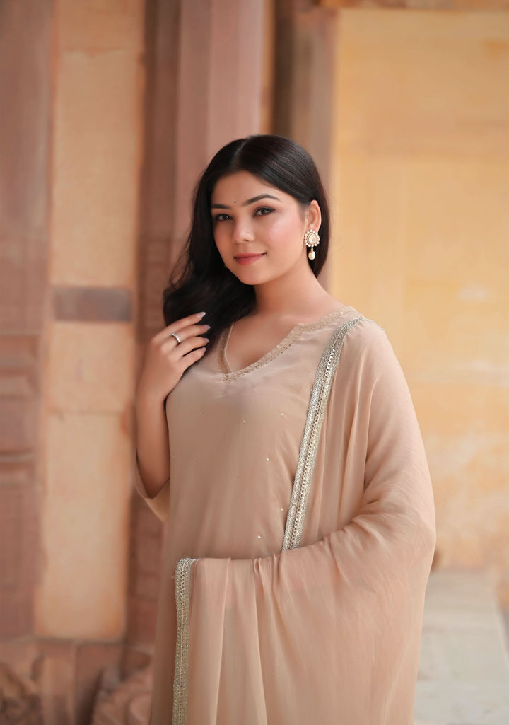 Champagne Chiffon 3 piece Kurti Set with Sequin Handwork and Lace detailing