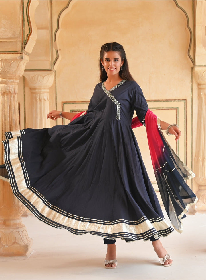 Midnight Navy Gotapatti  Anarkali 3 piece Suit, Made to Order