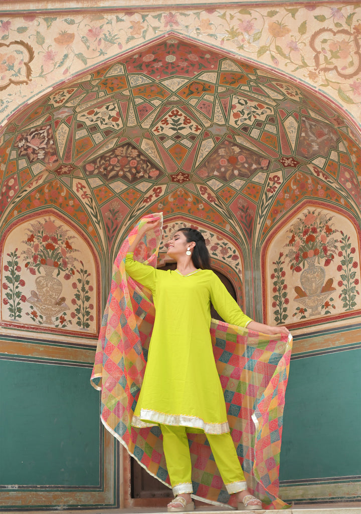 French Lime Kurta with Bandhani Print multicolor Dupatta