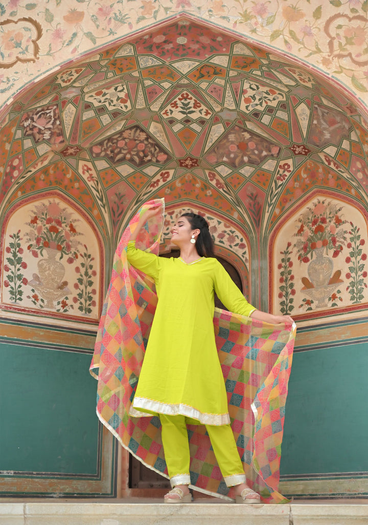 French Lime Kurta with Bandhani Print multicolor Dupatta