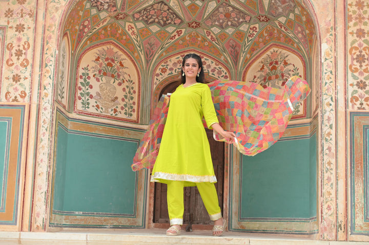 French Lime Kurta with Bandhani Print multicolor Dupatta
