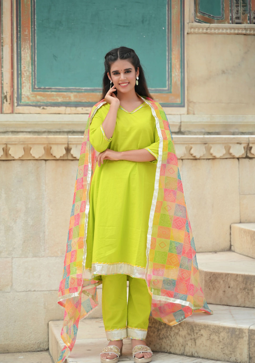 French Lime Kurta with Bandhani Print multicolor Dupatta