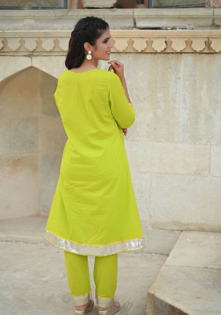 French Lime Kurta with Bandhani Print multicolor Dupatta