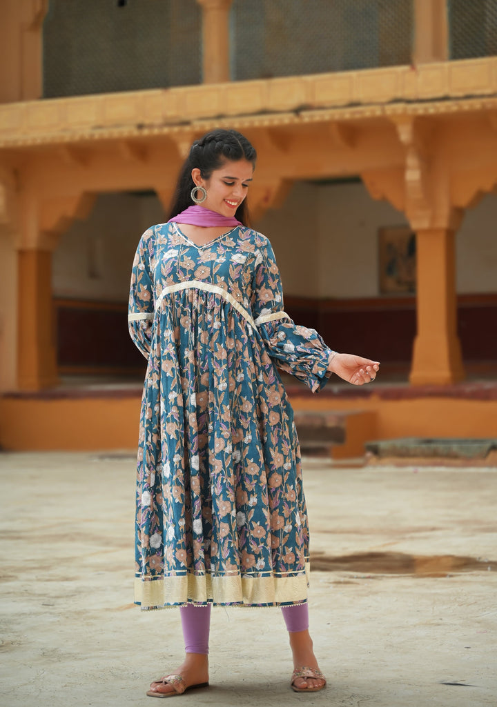 Ragini pleated Anarkali suit set with lilac leggings and dupatta, Made to Order