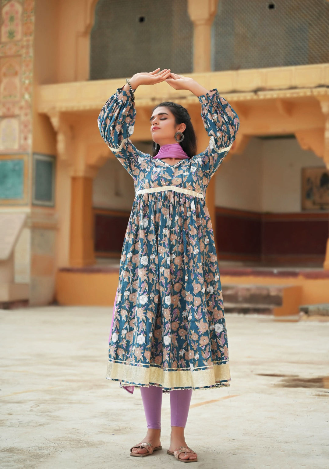 Ragini pleated Anarkali suit set with lilac leggings and dupatta, Made to Order