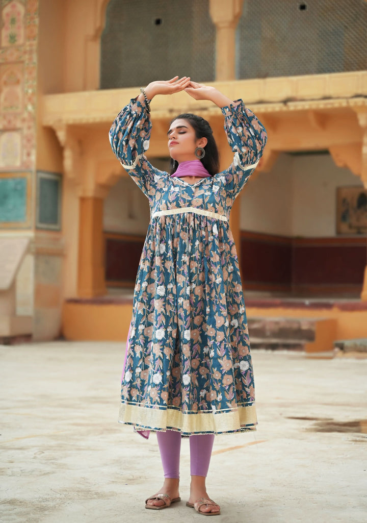 Ragini pleated Anarkali suit set with lilac leggings and dupatta, Made to Order