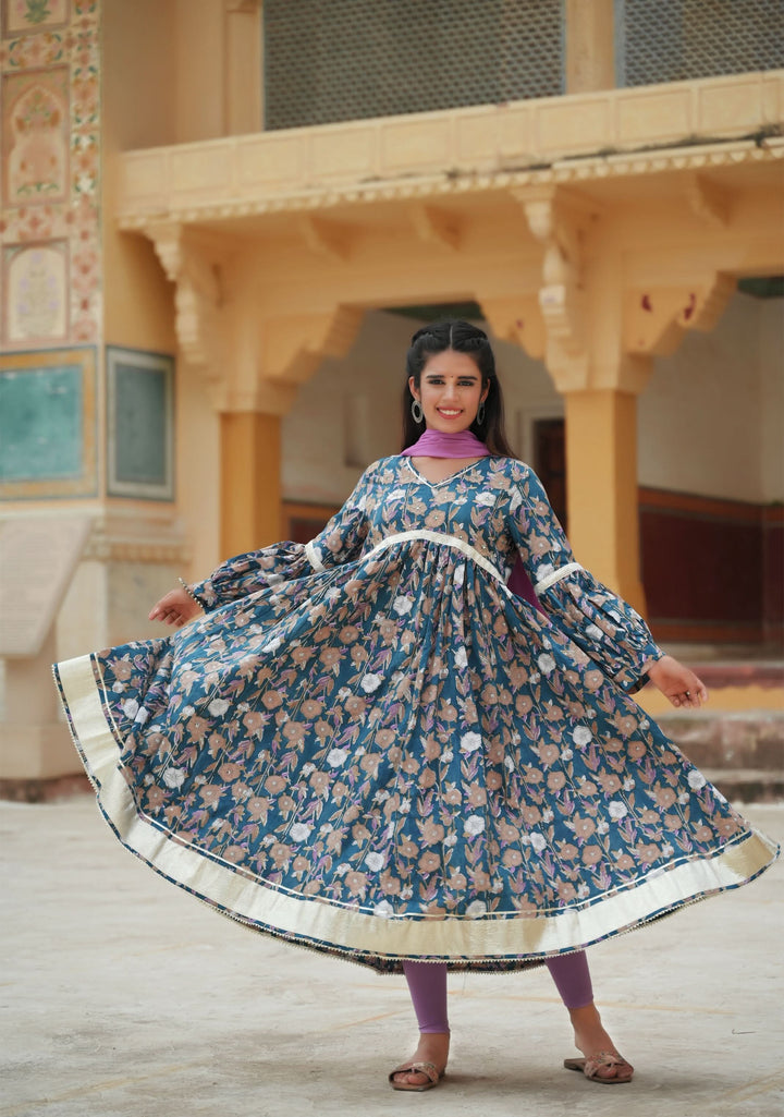 Ragini pleated Anarkali suit set with lilac leggings and dupatta, Made to Order