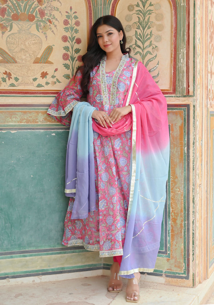 Aarna Chanderi Cotton Pink Kali 3 Piece Suit, Made to Order
