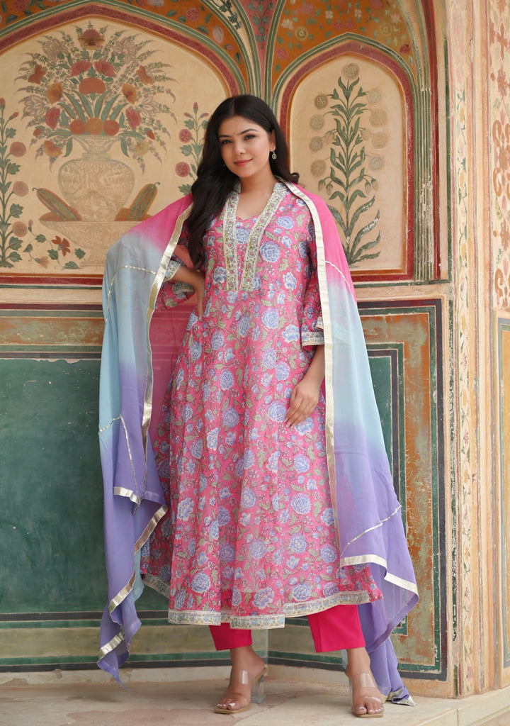 Aarna Chanderi Cotton Pink Kali 3 Piece Suit, Made to Order