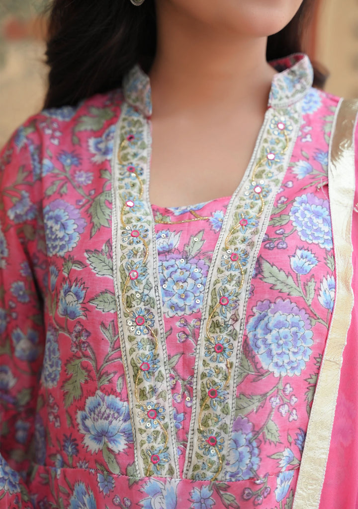 Aarna Chanderi Cotton Pink Kali 3 Piece Suit, Made to Order