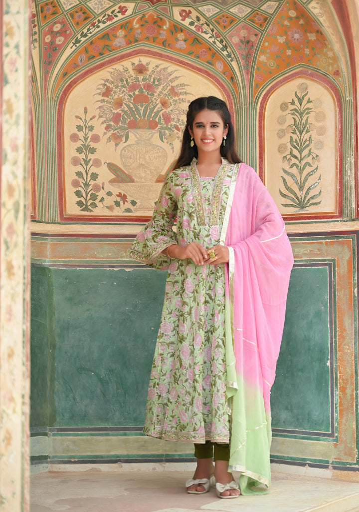 Thira Pastel Green Kali 3 Piece Chanderi Cotton Suit, Made to Order
