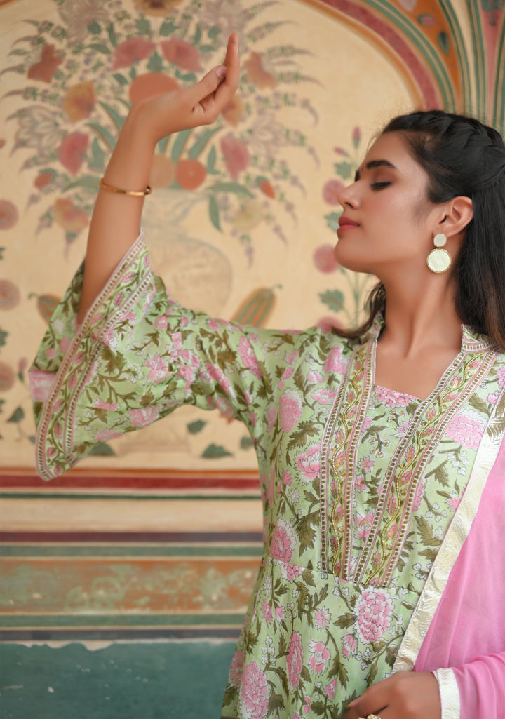 Thira Pastel Green Kali 3 Piece Chanderi Cotton Suit, Made to Order