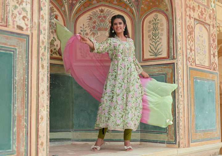 Thira Pastel Green Kali 3 Piece Chanderi Cotton Suit, Made to Order