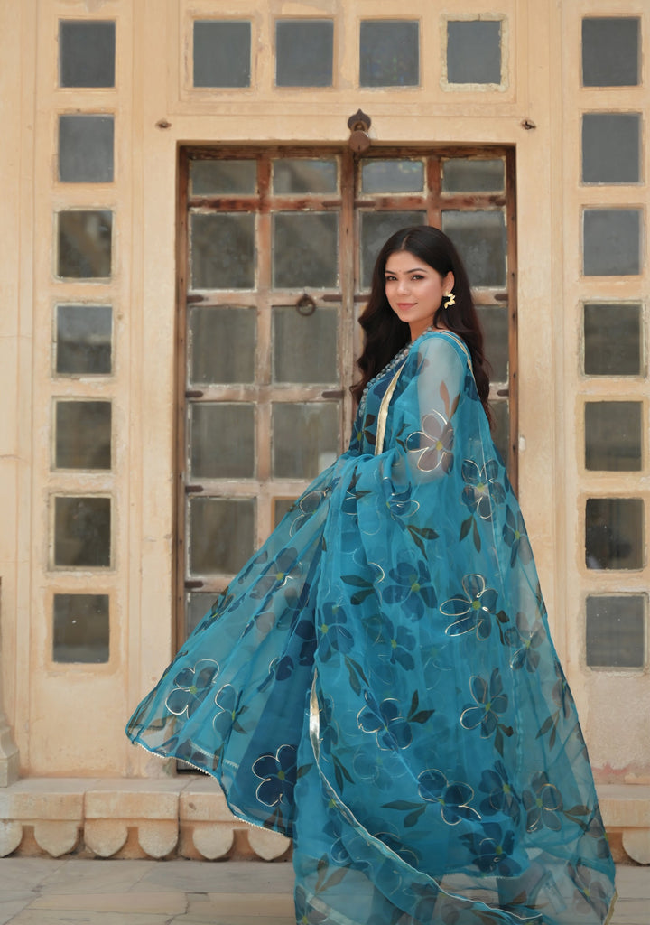 Vaidehi Teal Handpainted  Anarkali 3 Piece Suit set |  Made to Order