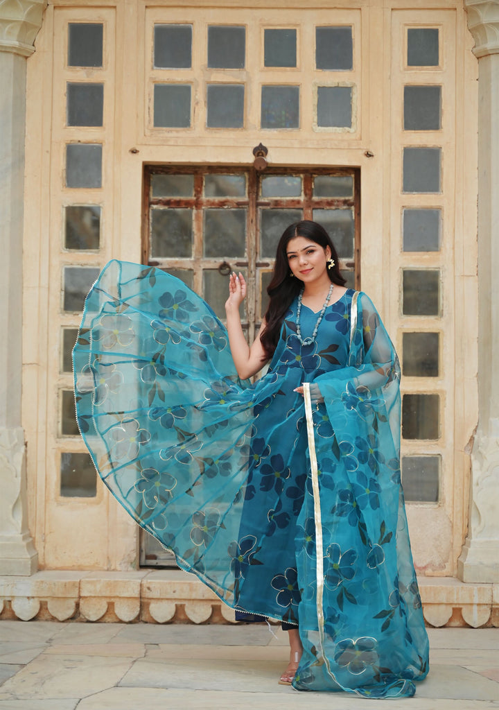 Vaidehi Teal Handpainted  Anarkali 3 Piece Suit set |  Made to Order