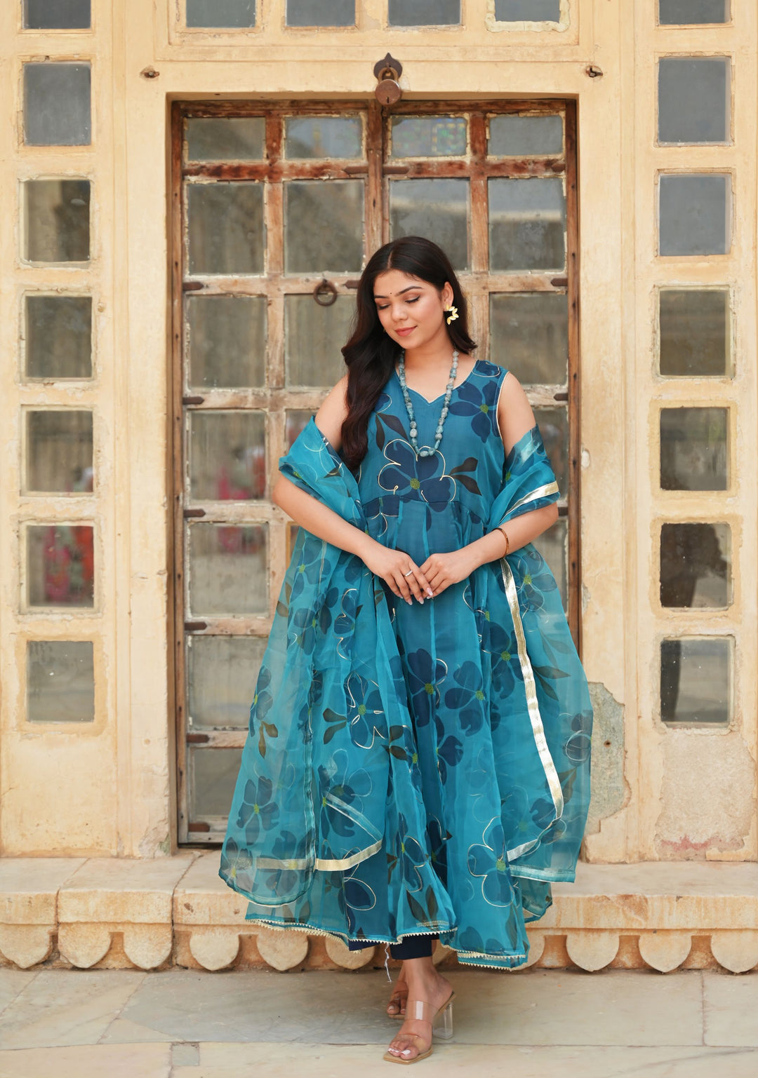 Vaidehi Teal Handpainted  Anarkali 3 Piece Suit set |  Made to Order