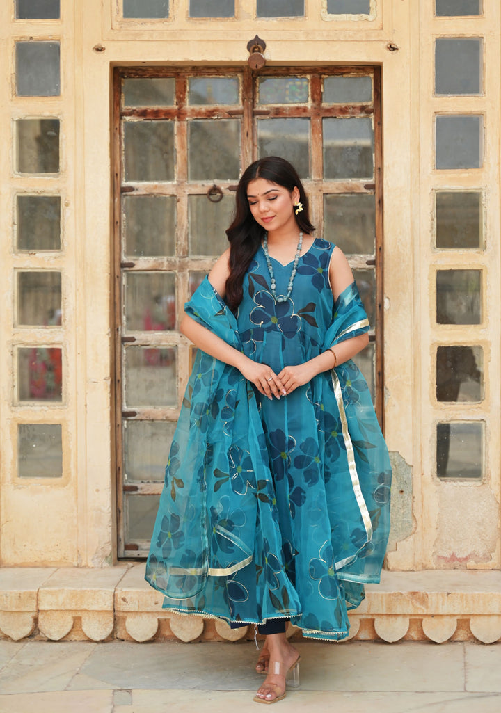 Vaidehi Teal Handpainted  Anarkali 3 Piece Suit set |  Made to Order