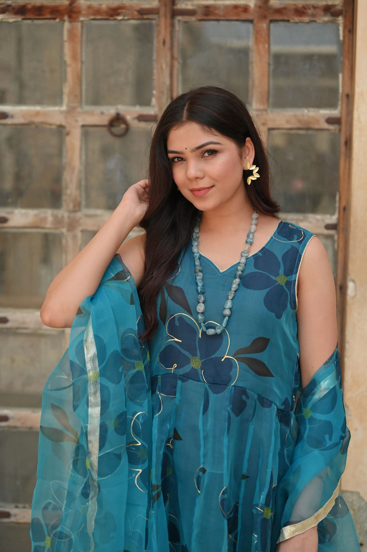 Vaidehi Teal Handpainted  Anarkali 3 Piece Suit set |  Made to Order