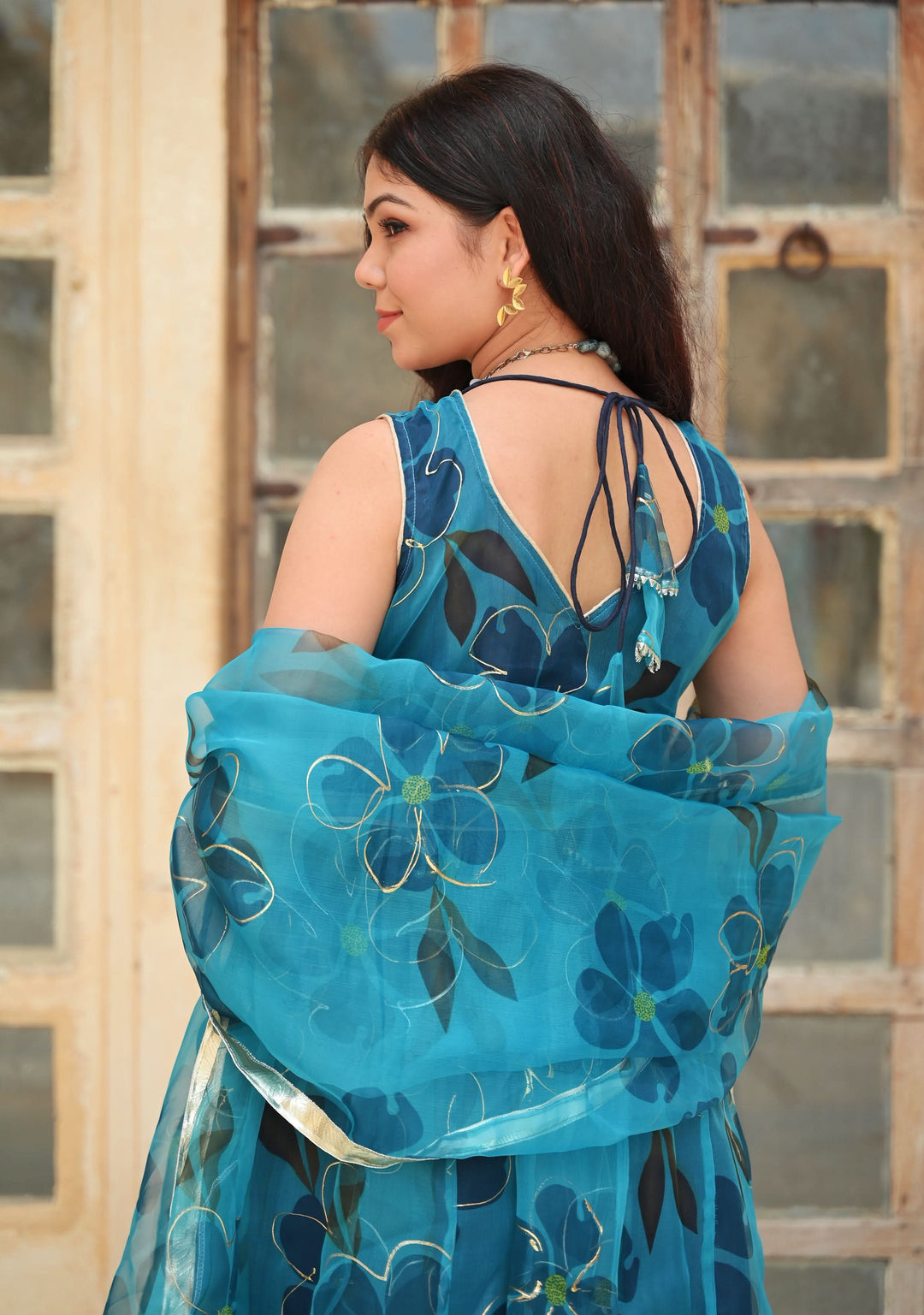 Vaidehi Teal Handpainted  Anarkali 3 Piece Suit set |  Made to Order