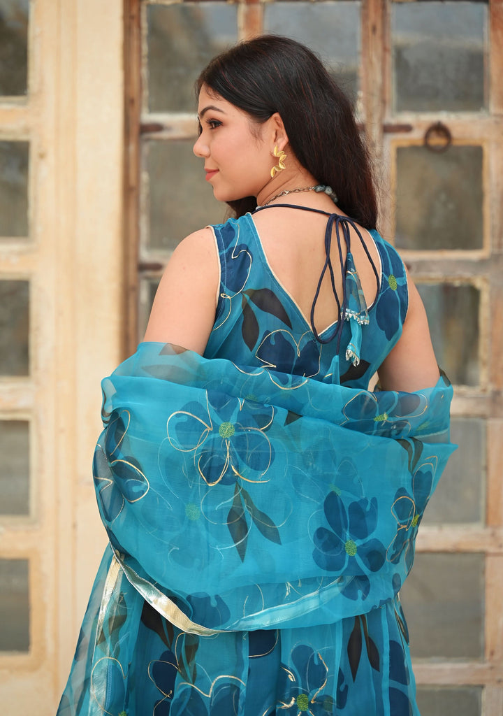 Vaidehi Teal Handpainted  Anarkali 3 Piece Suit set |  Made to Order