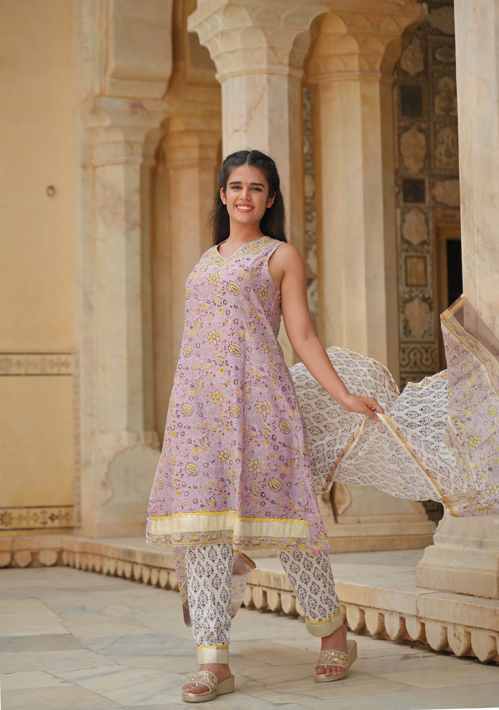 Asawari 3 piece Suit Set in Chanderi Cotton, Made to order, Sleeve option available
