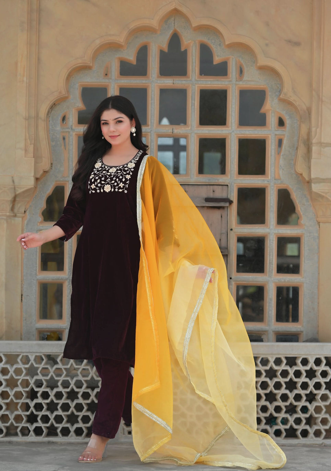 Paaro Burgundy Velvet 3 piece Kurti Set with Zardosi Handwork on Yoke and Sleeves | SHOBITAM