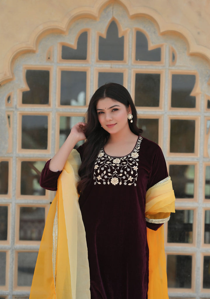 Paaro Burgundy Velvet 3 piece Kurti Set with Zardosi Handwork on Yoke and Sleeves | SHOBITAM