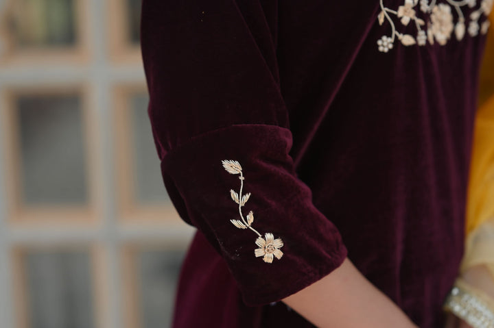 Paaro Burgundy Velvet 3 piece Kurti Set with Zardosi Handwork on Yoke and Sleeves | SHOBITAM