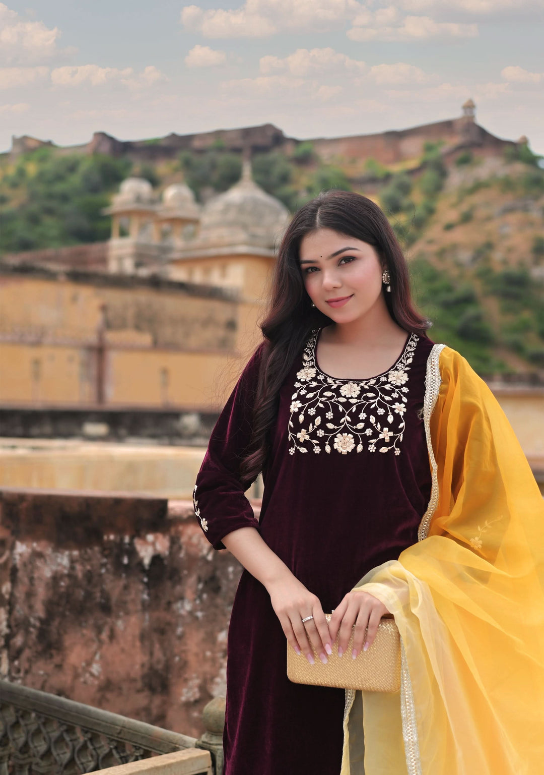 Paaro Burgundy Velvet 3 piece Kurti Set with Zardosi Handwork on Yoke and Sleeves | SHOBITAM