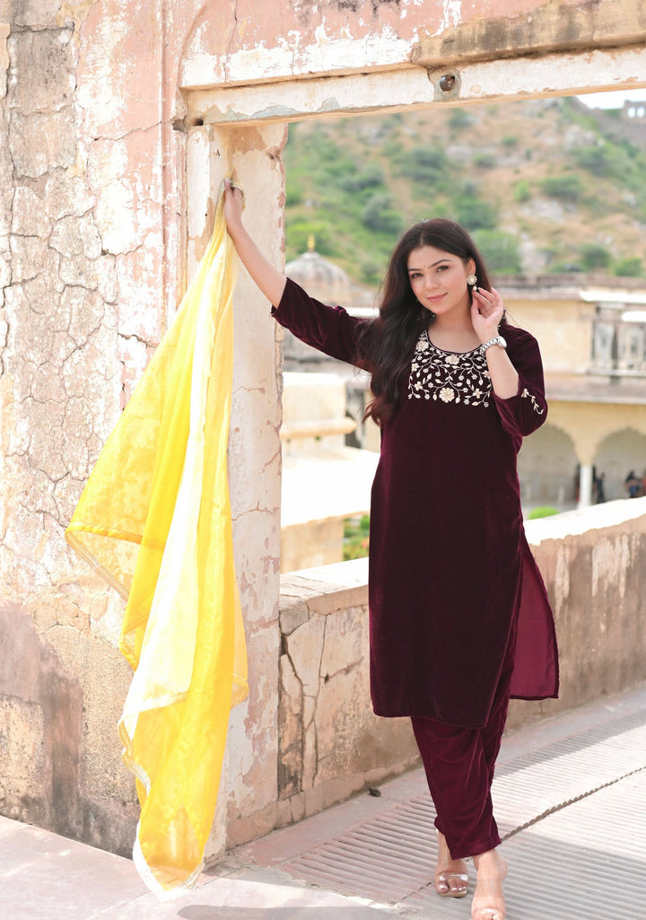 Paaro Burgundy Velvet 3 piece Kurti Set with Zardosi Handwork on Yoke and Sleeves | SHOBITAM
