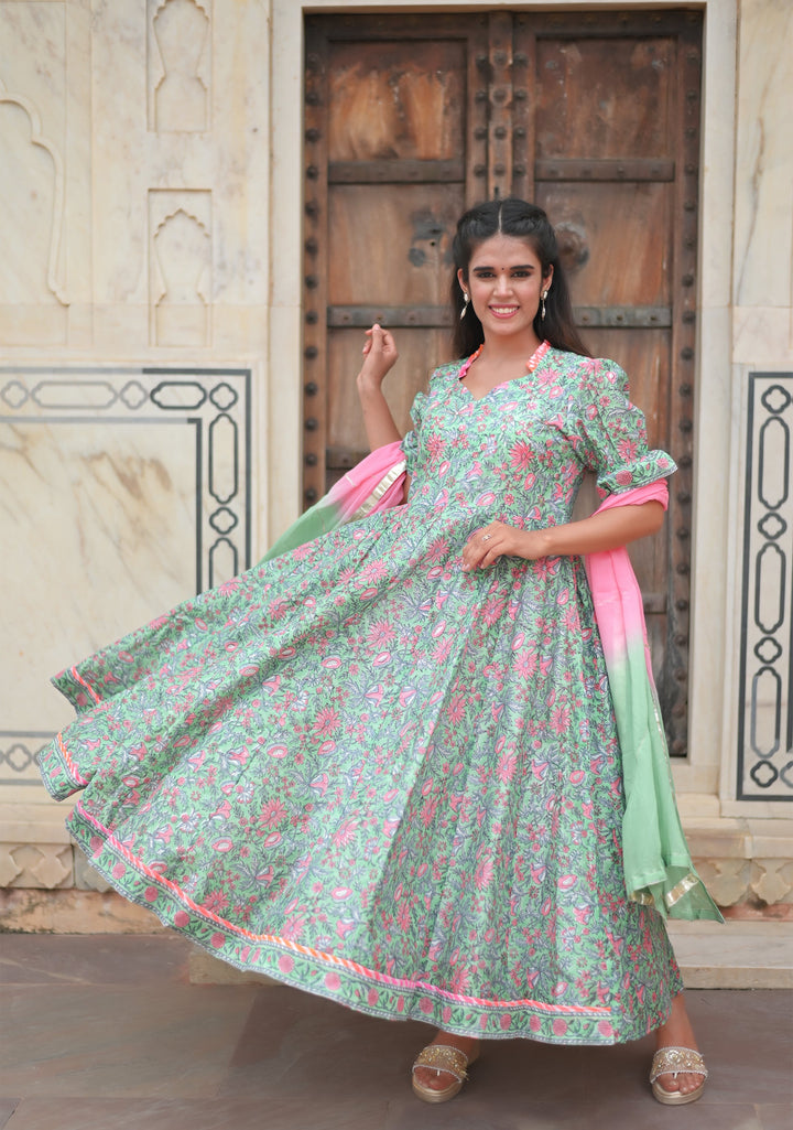 Sadabahar Chanderi Cotton Anarkali 3 Piece Suit Set in Mint Green
