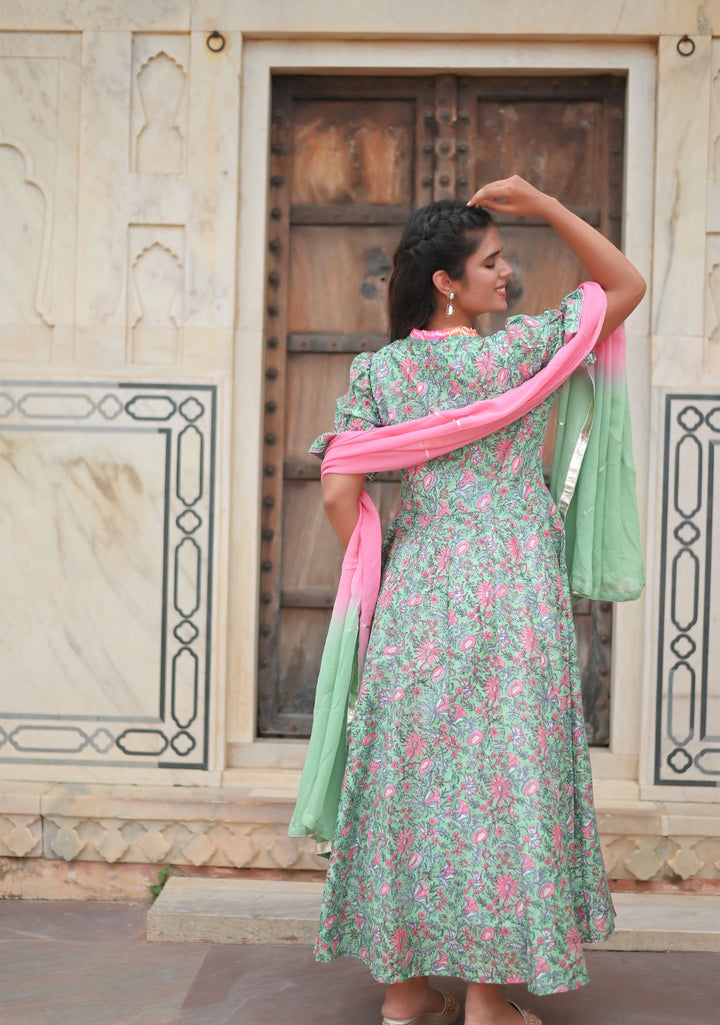 Sadabahar Chanderi Cotton Anarkali 3 Piece Suit Set in Mint Green