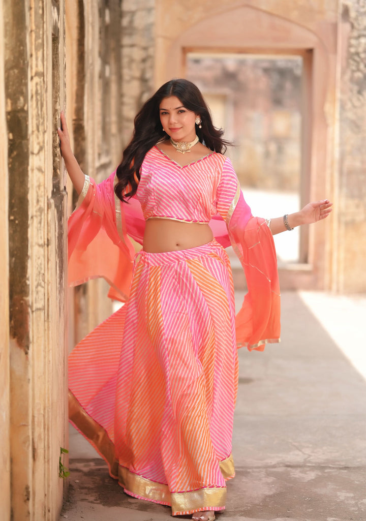 Leheriya Love Salmon Pink and Peach Lehenga Set