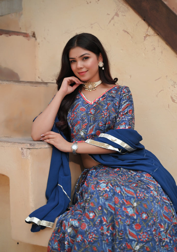 Noor Indigo Chanderi Silk Cotton Lehenga Set, Made to Order