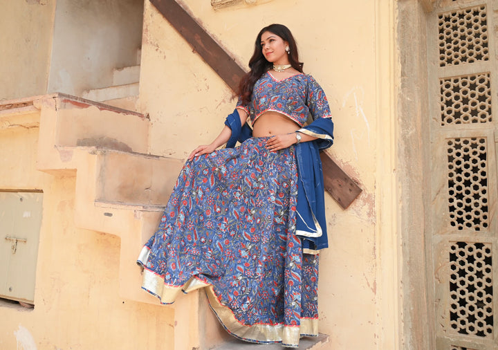 Noor Indigo Chanderi Silk Cotton Lehenga Set, Made to Order
