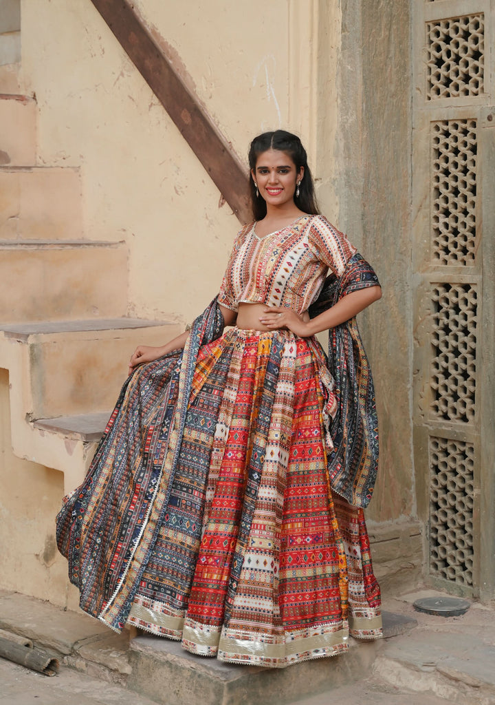 Raas Kalidar Lehenga Set in bold hues and Gotta patti embellishments, Made to Order