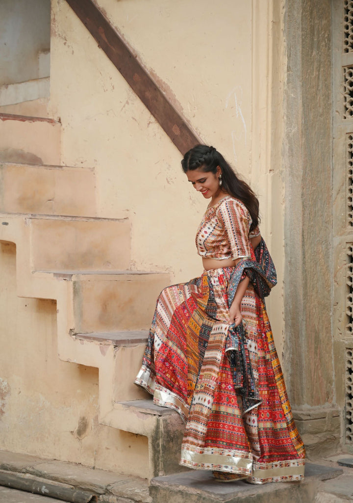 Raas Kalidar Lehenga Set in bold hues and Gotta patti embellishments, Made to Order
