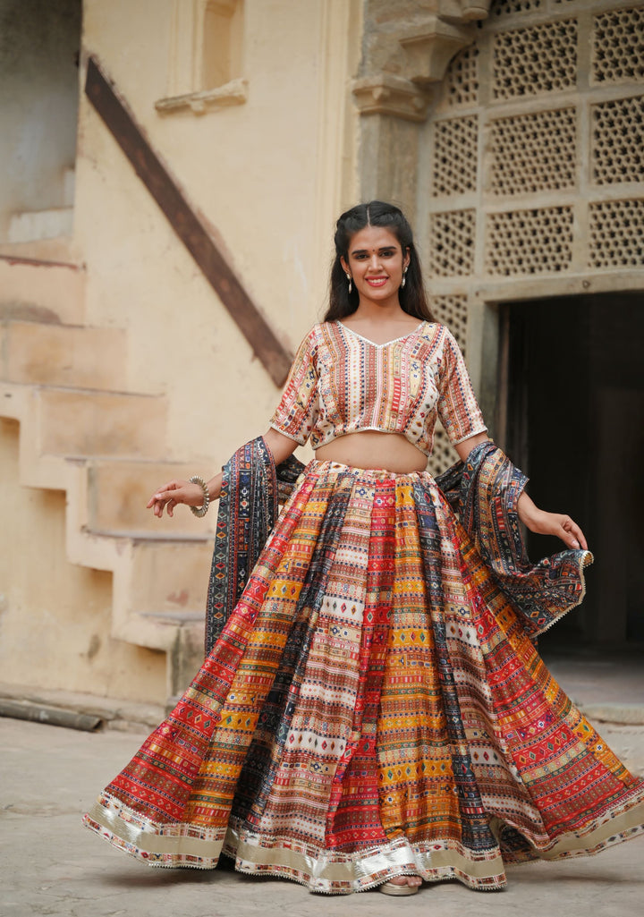 Raas Kalidar Lehenga Set in bold hues and Gotta patti embellishments, Made to Order